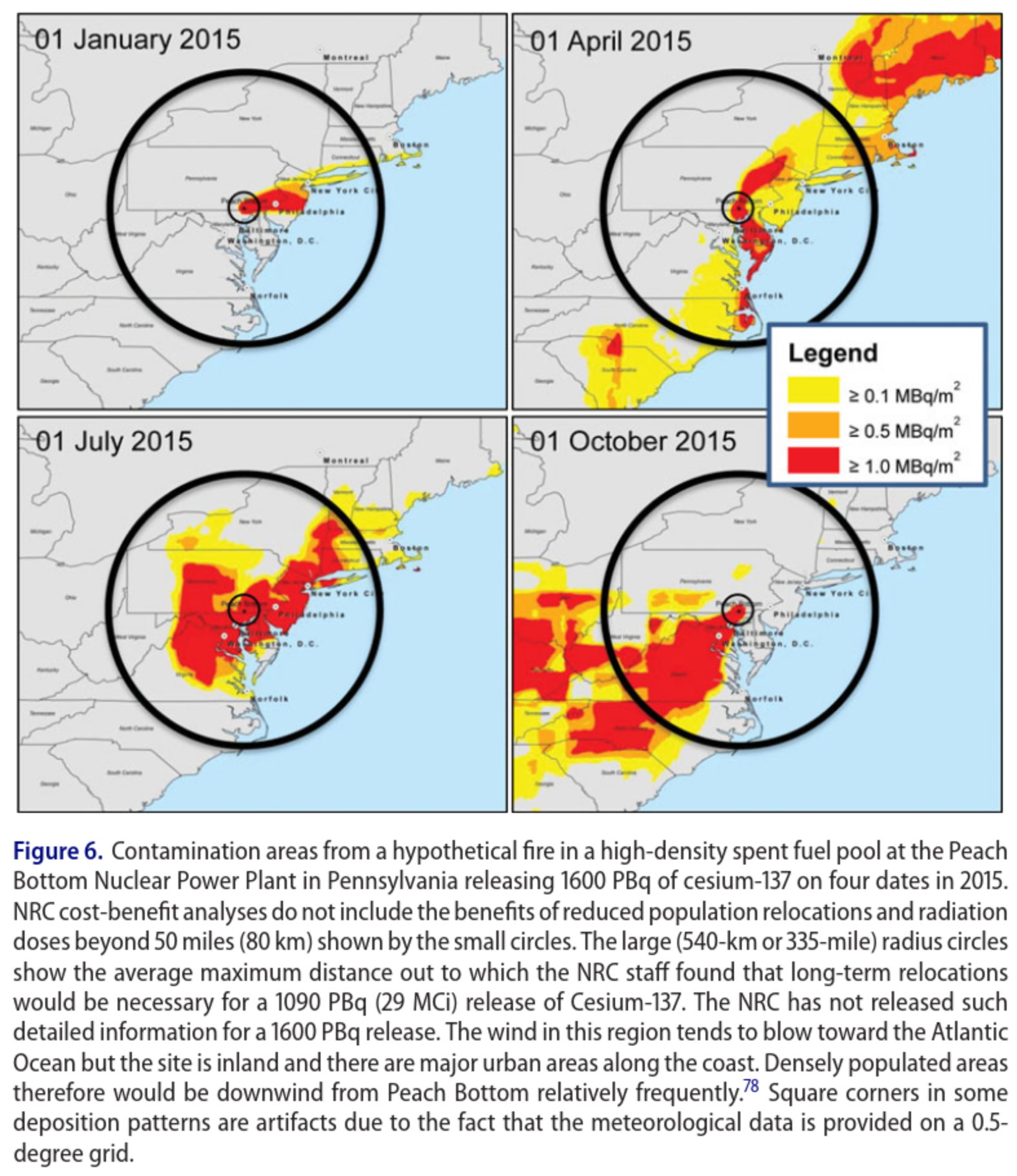 hypothetical plume from fire of spent nuclear fuel at Peach Bottom nuclear power plant based on weather on four dates in 2015